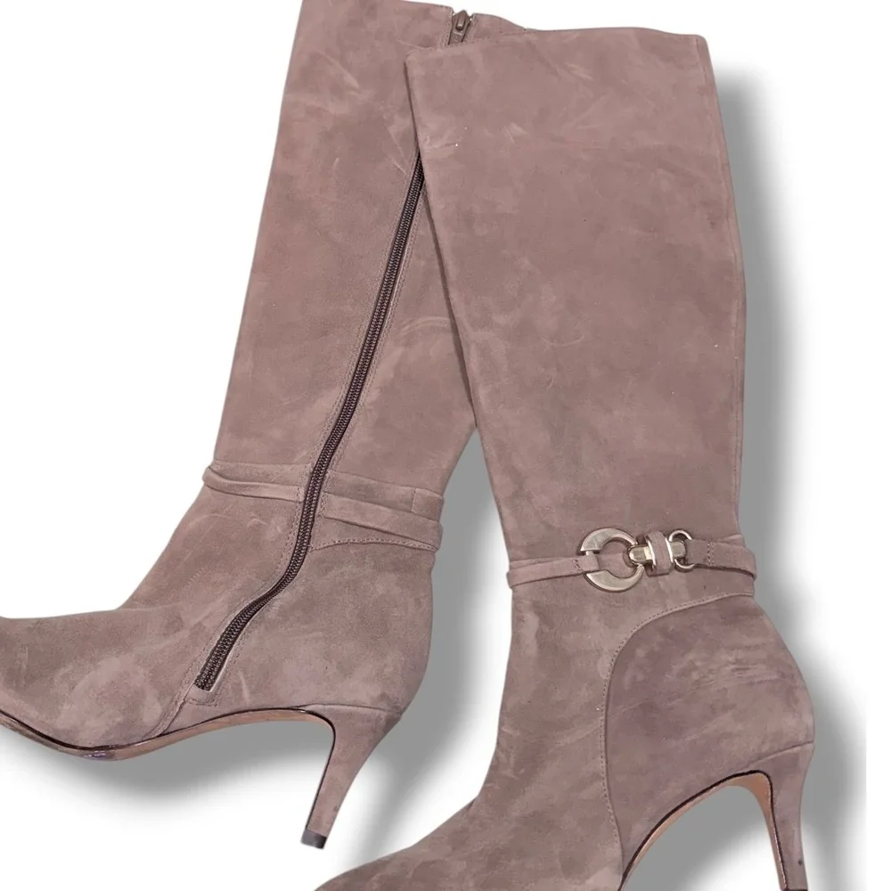 Antonio Melani Taupe Suede Knee High Boots with Gold Buckle Accent Size 6M